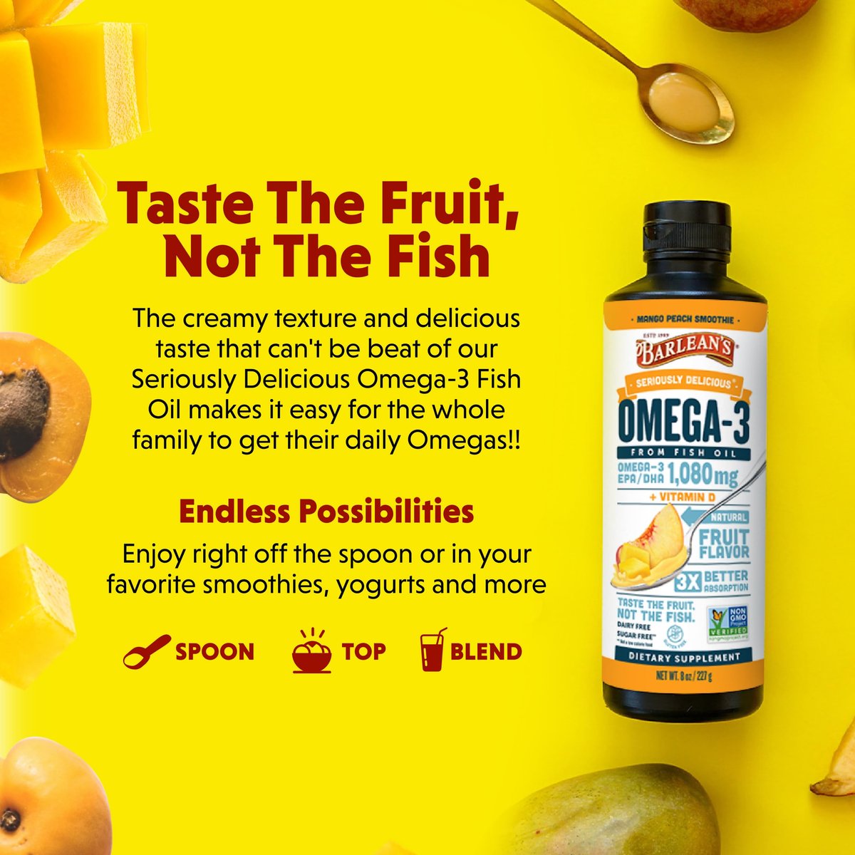 Barlean's Omega 3 Fischöl mit Vitamin D – 1080 mg EPA & DHA, Mango-Pfirsich, 237 ml – für Herz & Gehirn