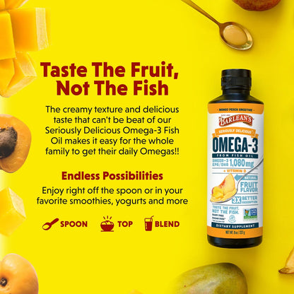 Barlean's Omega 3 Fischöl mit Vitamin D – 1080 mg EPA & DHA, Mango-Pfirsich, 237 ml – für Herz & Gehirn