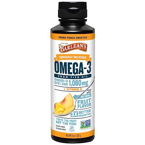 Barlean's Omega 3 Fischöl mit Vitamin D – 1080 mg EPA & DHA, Mango-Pfirsich, 237 ml – für Herz & Gehirn