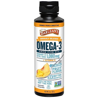 Barlean's Omega 3 Fischöl mit Vitamin D – 1080 mg EPA & DHA, Mango-Pfirsich, 237 ml – für Herz & Gehirn