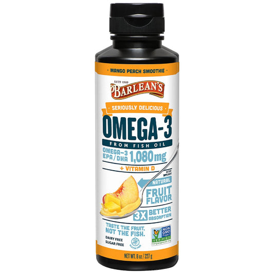 Barlean's Omega 3 Fischöl mit Vitamin D – 1080 mg EPA & DHA, Mango-Pfirsich, 237 ml – für Herz & Gehirn