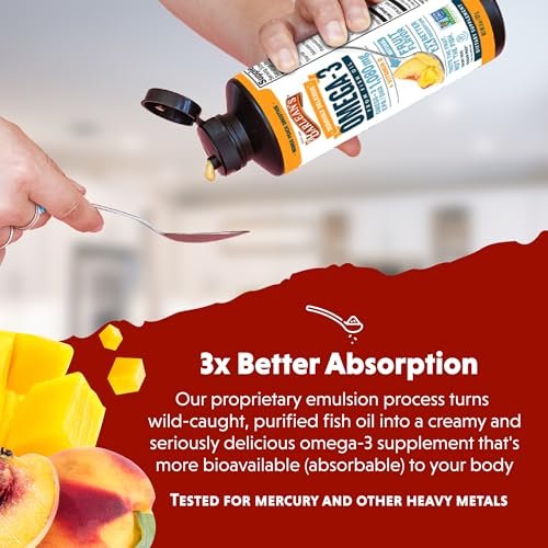 Barlean's Omega 3 Fischöl mit Vitamin D – 1080 mg EPA & DHA, Mango-Pfirsich, 237 ml – für Herz & Gehirn