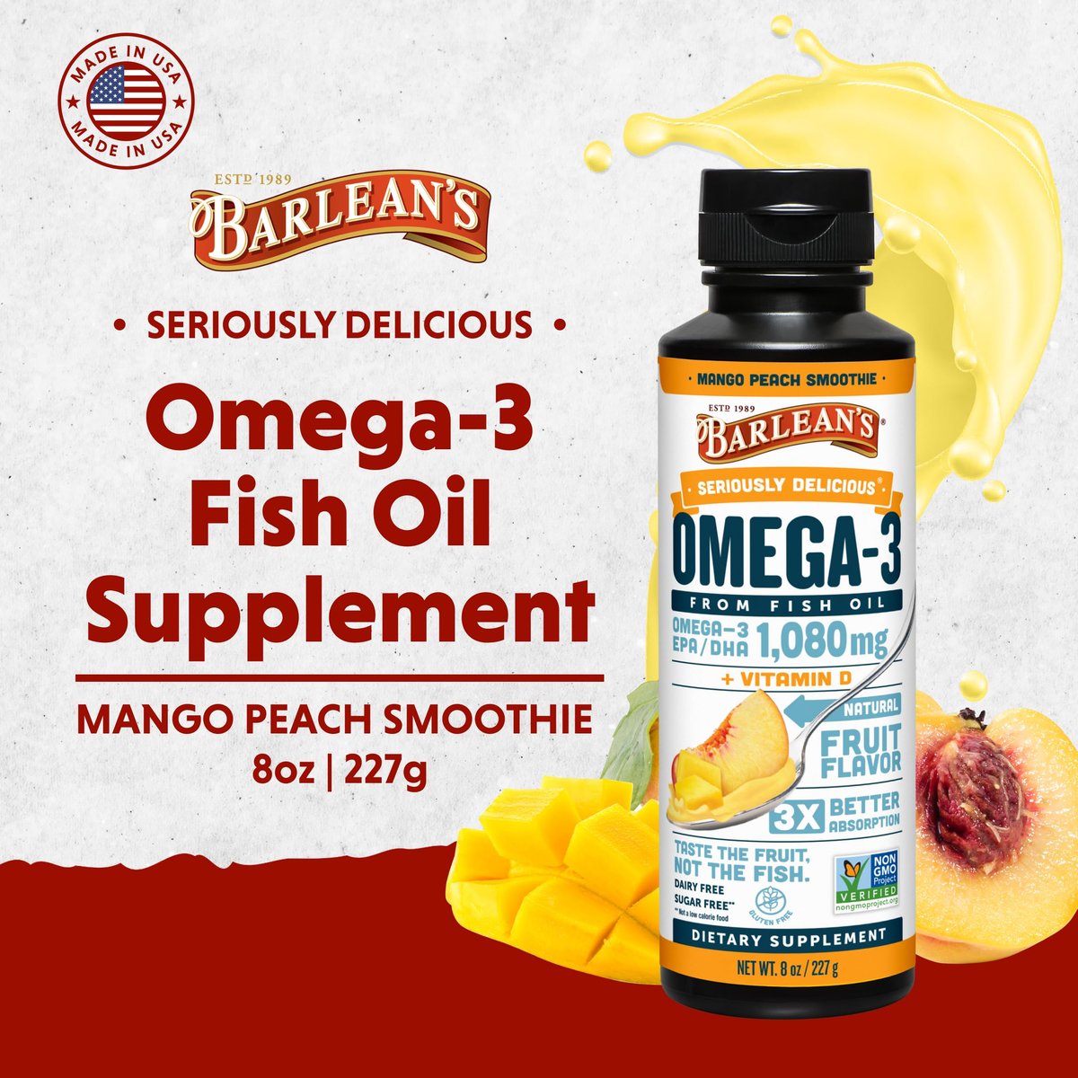 Barlean's Omega 3 Fischöl mit Vitamin D – 1080 mg EPA & DHA, Mango-Pfirsich, 237 ml – für Herz & Gehirn