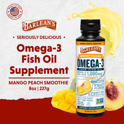 Barlean's Omega 3 Fischöl mit Vitamin D – 1080 mg EPA & DHA, Mango-Pfirsich, 237 ml – für Herz & Gehirn