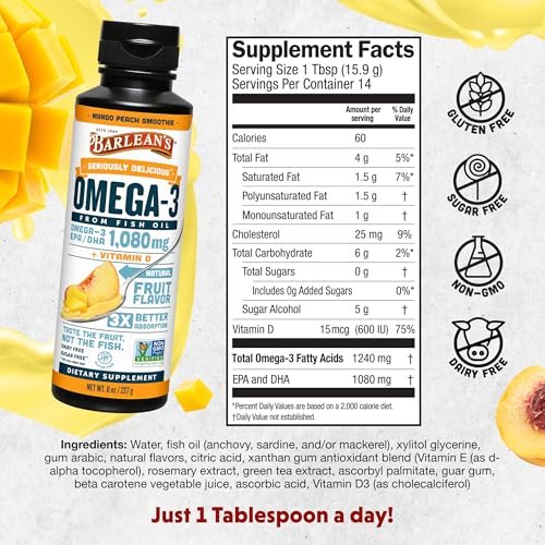 Barlean's Omega 3 Fischöl mit Vitamin D – 1080 mg EPA & DHA, Mango-Pfirsich, 237 ml – für Herz & Gehirn