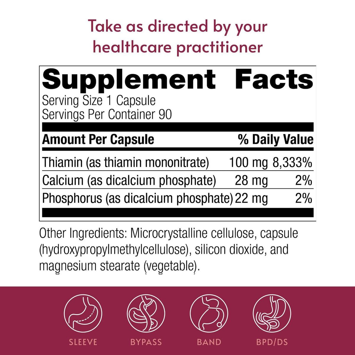 Bariatric Advantage Vitamin B1 Thiamin - 100 mg Thiaminmononitrat - Leicht verdaulich - Entwickelt für bariatrische Patienten - Unterstützt die Energieproduktion* - 90 Kapseln