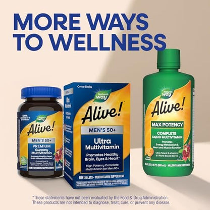 Nature's Way Alive! Ultra Potency Multivitamin für Männer 50 Plus – Hochdosiert mit Vitamin D3, C, E, Methyl B12 – Unterstützt Zellenergie, Herz, Gehirn und Augengesundheit – 60 Tabletten