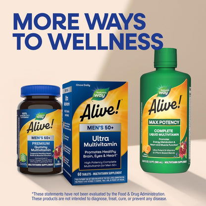 Nature's Way Alive! Ultra Potency Multivitamin für Männer 50 Plus – Hochdosiert mit Vitamin D3, C, E, Methyl B12 – Unterstützt Zellenergie, Herz, Gehirn und Augengesundheit – 60 Tabletten
