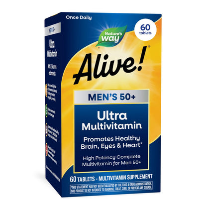 Nature's Way Alive! Ultra Potency Multivitamin für Männer 50 Plus – Hochdosiert mit Vitamin D3, C, E, Methyl B12 – Unterstützt Zellenergie, Herz, Gehirn und Augengesundheit – 60 Tabletten