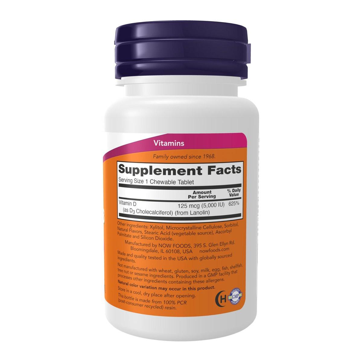 NOW Foods Vitamin D-3 5.000 IE – Natürlicher Minzgeschmack, 120 Kautabletten