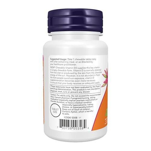 NOW Foods Vitamin D-3 5.000 IE – Natürlicher Minzgeschmack, 120 Kautabletten