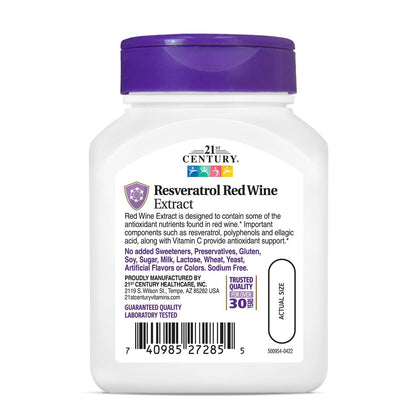 21st Century Resveratrol Kapseln mit rotem Weinextrakt (90 Stück) - Antioxidans Unterstützung mit Traubenkernextrakt, Polyphenolen & Vitamin C, Glutenfrei & Ohne Gentechnik, Ohne Zuckerzusatz