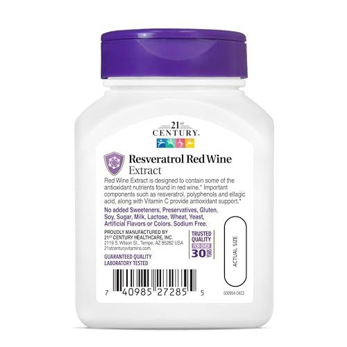 21st Century Resveratrol Kapseln mit rotem Weinextrakt (90 Stück) - Antioxidans Unterstützung mit Traubenkernextrakt, Polyphenolen & Vitamin C, Glutenfrei & Ohne Gentechnik, Ohne Zuckerzusatz