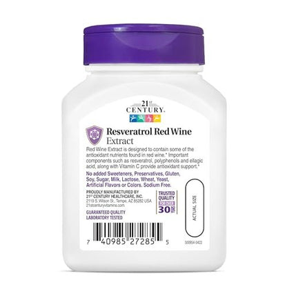 21st Century Resveratrol Kapseln mit rotem Weinextrakt (90 Stück) - Antioxidans Unterstützung mit Traubenkernextrakt, Polyphenolen & Vitamin C, Glutenfrei & Ohne Gentechnik, Ohne Zuckerzusatz