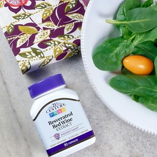21st Century Resveratrol Kapseln mit rotem Weinextrakt (90 Stück) - Antioxidans Unterstützung mit Traubenkernextrakt, Polyphenolen & Vitamin C, Glutenfrei & Ohne Gentechnik, Ohne Zuckerzusatz