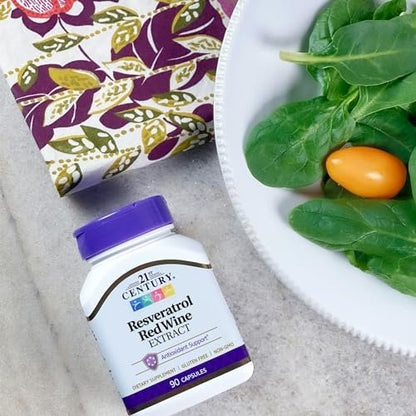 21st Century Resveratrol Kapseln mit rotem Weinextrakt (90 Stück) - Antioxidans Unterstützung mit Traubenkernextrakt, Polyphenolen & Vitamin C, Glutenfrei & Ohne Gentechnik, Ohne Zuckerzusatz