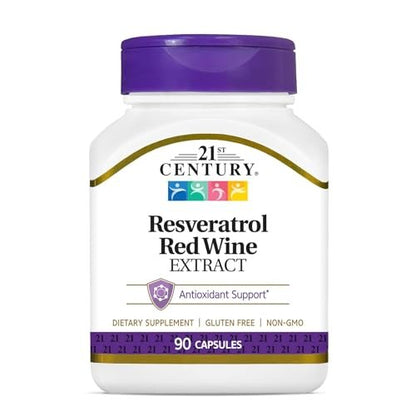 21st Century Resveratrol Kapseln mit rotem Weinextrakt (90 Stück) - Antioxidans Unterstützung mit Traubenkernextrakt, Polyphenolen & Vitamin C, Glutenfrei & Ohne Gentechnik, Ohne Zuckerzusatz