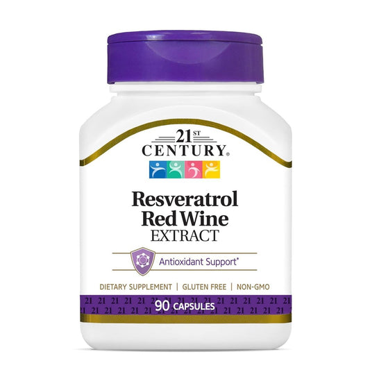 21st Century Resveratrol Kapseln mit rotem Weinextrakt (90 Stück) - Antioxidans Unterstützung mit Traubenkernextrakt, Polyphenolen & Vitamin C, Glutenfrei & Ohne Gentechnik, Ohne Zuckerzusatz