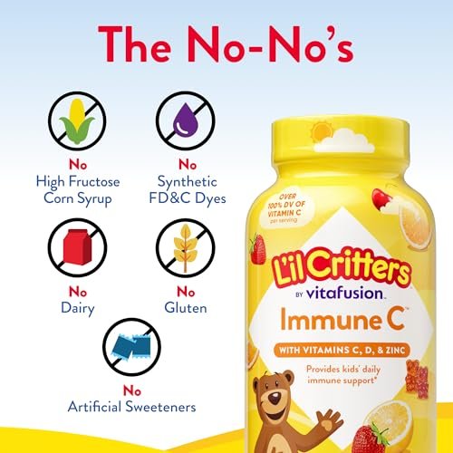 L’il Critters Immune C – Tägliche Gummivitamine für Kinder mit Vitamin C, D und Zink zur Immununterstützung, Orangen-, Zitronen-, Erdbeer- und Kirschgeschmack, 190 Gummis