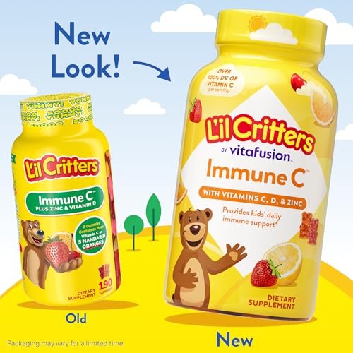 L’il Critters Immune C – Tägliche Gummivitamine für Kinder mit Vitamin C, D und Zink zur Immununterstützung, Orangen-, Zitronen-, Erdbeer- und Kirschgeschmack, 190 Gummis