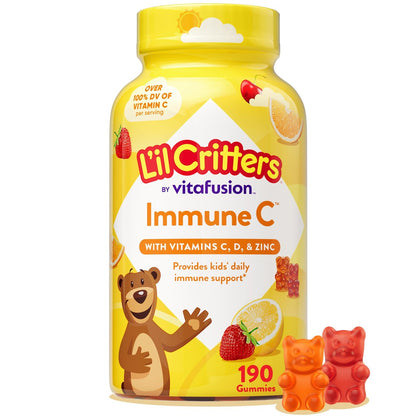 L’il Critters Immune C – Tägliche Gummivitamine für Kinder mit Vitamin C, D und Zink zur Immununterstützung, Orangen-, Zitronen-, Erdbeer- und Kirschgeschmack, 190 Gummis