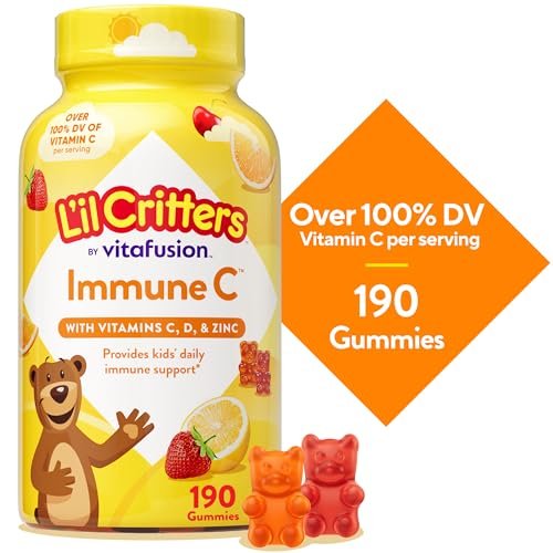 L’il Critters Immune C – Tägliche Gummivitamine für Kinder mit Vitamin C, D und Zink zur Immununterstützung, Orangen-, Zitronen-, Erdbeer- und Kirschgeschmack, 190 Gummis