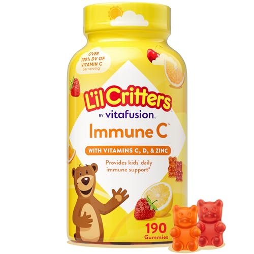 L’il Critters Immune C – Tägliche Gummivitamine für Kinder mit Vitamin C, D und Zink zur Immununterstützung, Orangen-, Zitronen-, Erdbeer- und Kirschgeschmack, 190 Gummis
