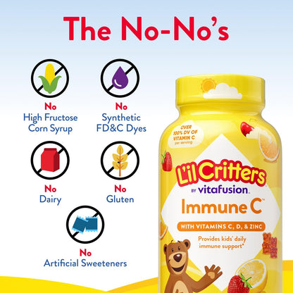L’il Critters Immune C – Tägliche Gummivitamine für Kinder mit Vitamin C, D und Zink zur Immununterstützung, Orangen-, Zitronen-, Erdbeer- und Kirschgeschmack, 190 Gummis