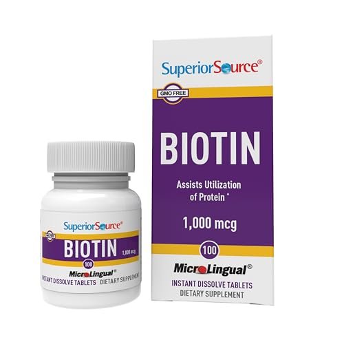Superior Source Biotin 1000 mcg Mikro-Lingual-Tabletten – 100 Stück, schnell auflösend unter der Zunge, für gesundes Haar, Haut und Nägel, unterstützt den Energiestoffwechsel, Non-GMO