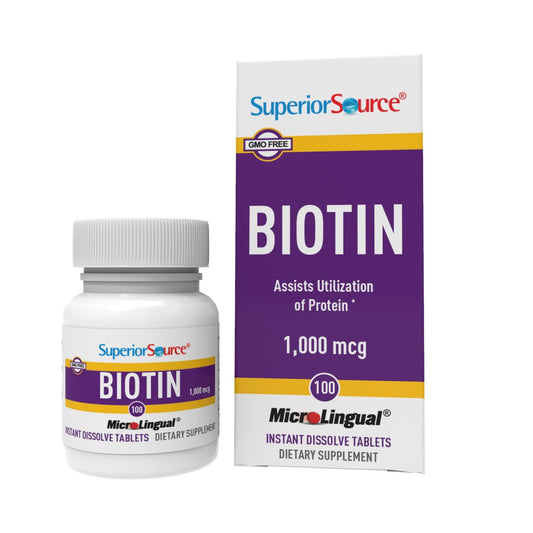 Superior Source Biotin 1000 mcg Mikro-Lingual-Tabletten – 100 Stück, schnell auflösend unter der Zunge, für gesundes Haar, Haut und Nägel, unterstützt den Energiestoffwechsel, Non-GMO