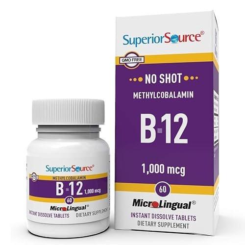 Superior Source No Shot Methylcobalamin B-12 1.000 mcg – Vitamin B-12 zur Unterstützung der Energieproduktion, Gehirngesundheit und des allgemeinen Wohlbefindens – Sublingualtabletten für schnelle Aufnahme – 60 Lutschtabletten