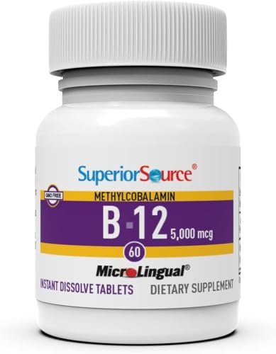 Superior Source No Shot Methylcobalamin B-12 5000 mcg – Vitamin B-12 zur Unterstützung der Energieproduktion, Gehirngesundheit & des allgemeinen Wohlbefindens – Sublingualtabletten für schnelle Absorption – 60 lösliche Tabletten