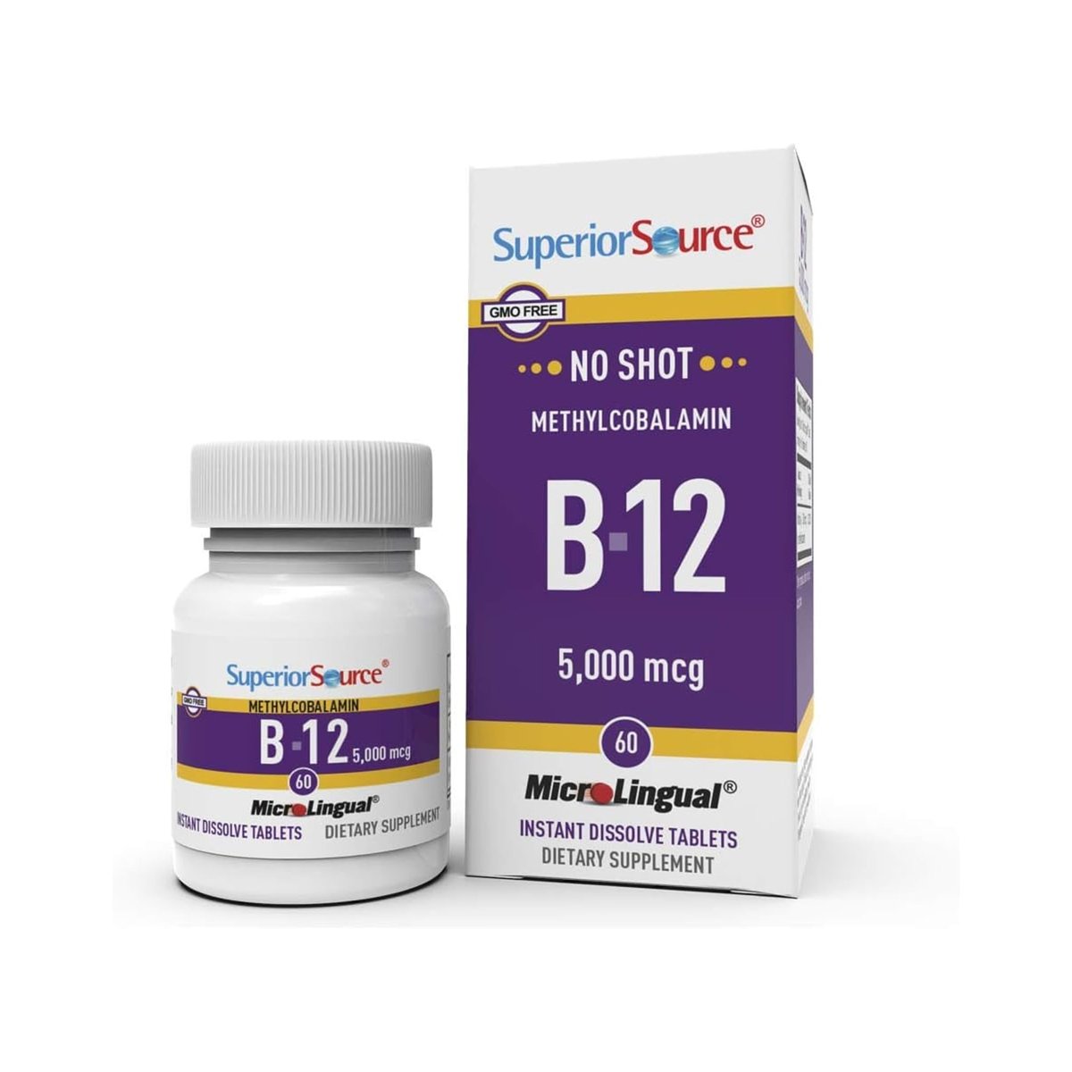 Superior Source No Shot Methylcobalamin B-12 5000 mcg – Vitamin B-12 zur Unterstützung der Energieproduktion, Gehirngesundheit & des allgemeinen Wohlbefindens – Sublingualtabletten für schnelle Absorption – 60 lösliche Tabletten