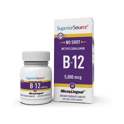 Superior Source No Shot Methylcobalamin B-12 5000 mcg – Vitamin B-12 zur Unterstützung der Energieproduktion, Gehirngesundheit & des allgemeinen Wohlbefindens – Sublingualtabletten für schnelle Absorption – 60 lösliche Tabletten