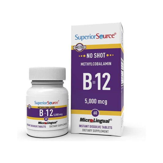 Superior Source No Shot Methylcobalamin B-12 5000 mcg – Vitamin B-12 zur Unterstützung der Energieproduktion, Gehirngesundheit & des allgemeinen Wohlbefindens – Sublingualtabletten für schnelle Absorption – 60 lösliche Tabletten