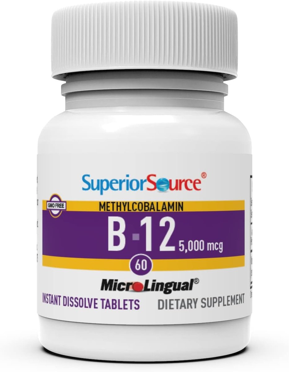 Superior Source No Shot Methylcobalamin B-12 5000 mcg – Vitamin B-12 zur Unterstützung der Energieproduktion, Gehirngesundheit & des allgemeinen Wohlbefindens – Sublingualtabletten für schnelle Absorption – 60 lösliche Tabletten