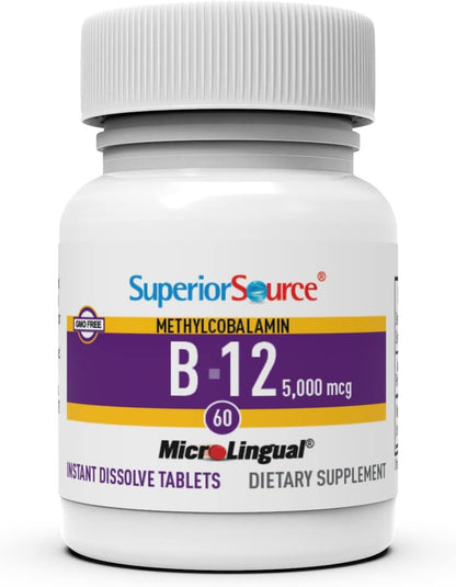 Superior Source No Shot Methylcobalamin B-12 5000 mcg – Vitamin B-12 zur Unterstützung der Energieproduktion, Gehirngesundheit & des allgemeinen Wohlbefindens – Sublingualtabletten für schnelle Absorption – 60 lösliche Tabletten