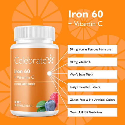 Eisenpräparat mit 60mg Eisen & Vitamin C – Beeren-Chewables für Bariatrie-Patienten, Magenbypass & Schlauchmagen-Unterstützung – 30 Tabletten für die Gesundheit nach der Operation