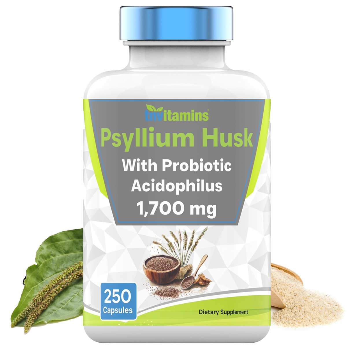 tnvitamins Flohsamenschalen Kapseln | 1700 mg - 250 Kapseln | mit probiotischem Acidophilus | Extra starke lösliche Ballaststoffe | Unterstützt die Verdauungsgesundheit