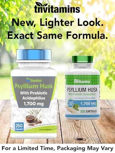 tnvitamins Flohsamenschalen Kapseln | 1700 mg - 250 Kapseln | mit probiotischem Acidophilus | Extra starke lösliche Ballaststoffe | Unterstützt die Verdauungsgesundheit