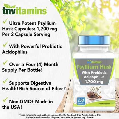 tnvitamins Flohsamenschalen Kapseln | 1700 mg - 250 Kapseln | mit probiotischem Acidophilus | Extra starke lösliche Ballaststoffe | Unterstützt die Verdauungsgesundheit