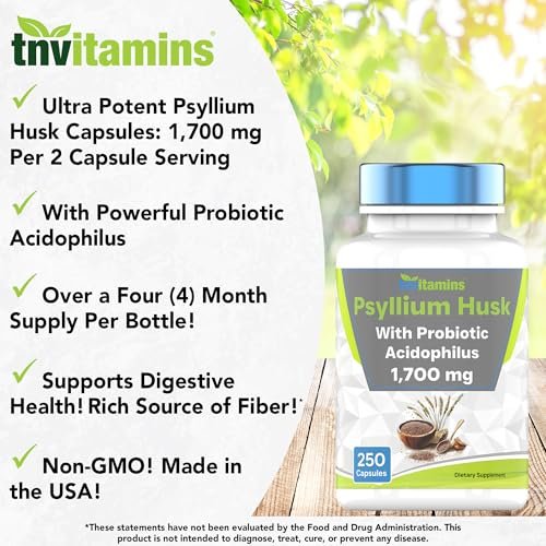 tnvitamins Flohsamenschalen Kapseln | 1700 mg - 250 Kapseln | mit probiotischem Acidophilus | Extra starke lösliche Ballaststoffe | Unterstützt die Verdauungsgesundheit