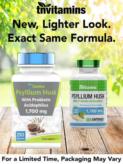 tnvitamins Flohsamenschalen Kapseln | 1700 mg - 250 Kapseln | mit probiotischem Acidophilus | Extra starke lösliche Ballaststoffe | Unterstützt die Verdauungsgesundheit