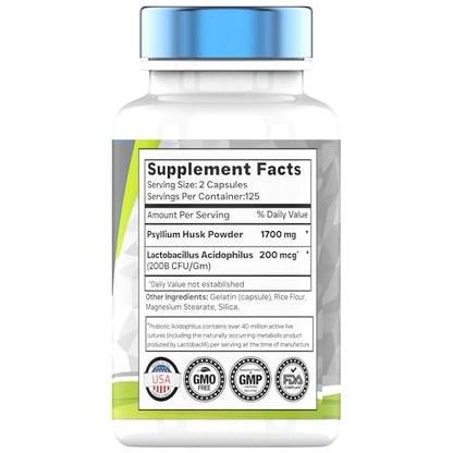 tnvitamins Flohsamenschalen Kapseln | 1700 mg - 250 Kapseln | mit probiotischem Acidophilus | Extra starke lösliche Ballaststoffe | Unterstützt die Verdauungsgesundheit
