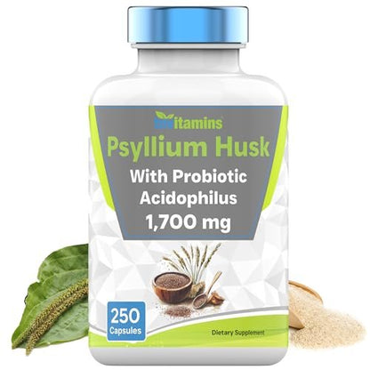 tnvitamins Flohsamenschalen Kapseln | 1700 mg - 250 Kapseln | mit probiotischem Acidophilus | Extra starke lösliche Ballaststoffe | Unterstützt die Verdauungsgesundheit