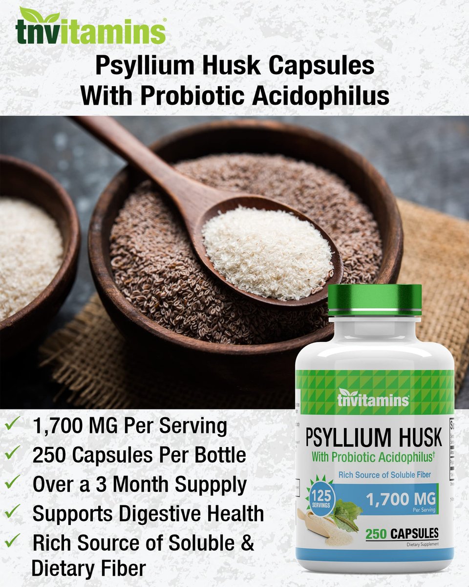 tnvitamins Flohsamenschalen Kapseln | 1700 mg - 250 Kapseln | mit probiotischem Acidophilus | Extra starke lösliche Ballaststoffe | Unterstützt die Verdauungsgesundheit