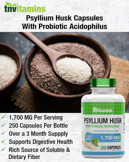tnvitamins Flohsamenschalen Kapseln | 1700 mg - 250 Kapseln | mit probiotischem Acidophilus | Extra starke lösliche Ballaststoffe | Unterstützt die Verdauungsgesundheit
