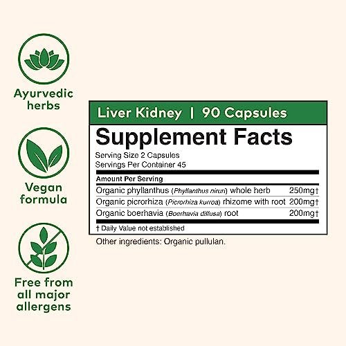 ORGANIC INDIA Leber-Nieren-Kräuterergänzung – Entgiften & Regenerieren, Unterstützt gesunde Leber- und Nierenfunktion, Vegan, Glutenfrei, Koscher, USDA Bio, Non-GMO – 90 Kapseln