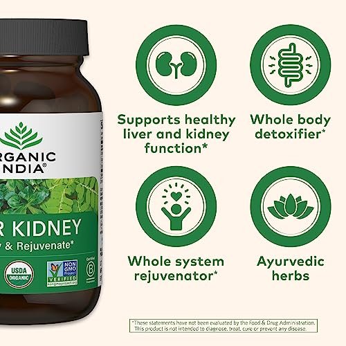 ORGANIC INDIA Leber-Nieren-Kräuterergänzung – Entgiften & Regenerieren, Unterstützt gesunde Leber- und Nierenfunktion, Vegan, Glutenfrei, Koscher, USDA Bio, Non-GMO – 90 Kapseln