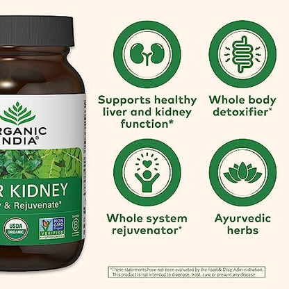 ORGANIC INDIA Leber-Nieren-Kräuterergänzung – Entgiften & Regenerieren, Unterstützt gesunde Leber- und Nierenfunktion, Vegan, Glutenfrei, Koscher, USDA Bio, Non-GMO – 90 Kapseln